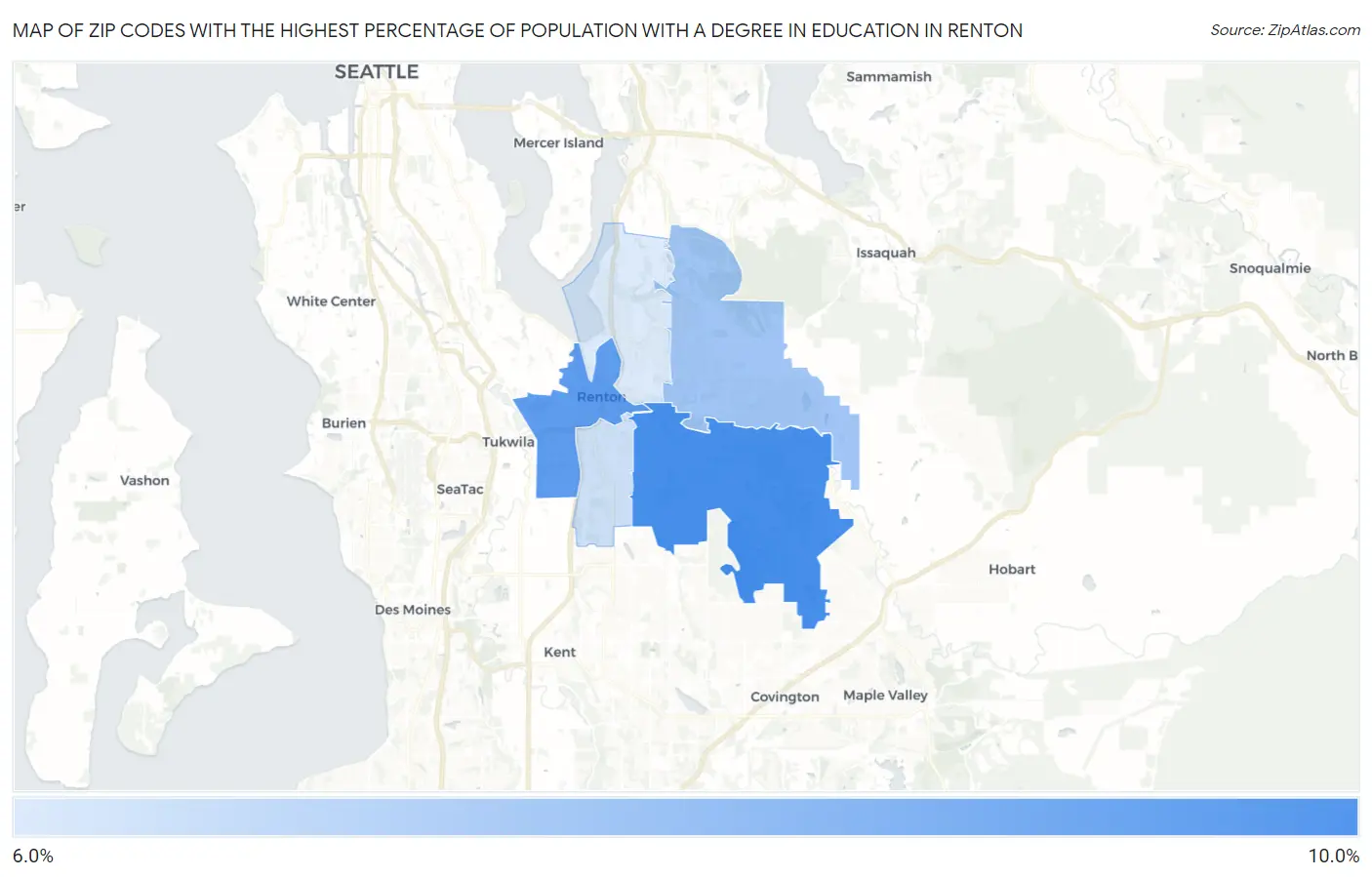 Zip Codes with the Highest Percentage of Population with a Degree in Education in Renton Map