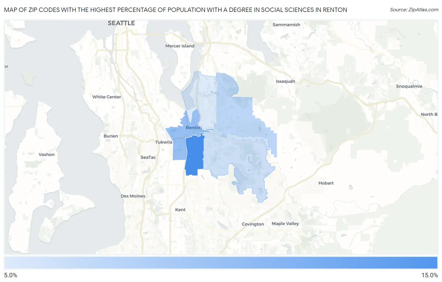 Zip Codes with the Highest Percentage of Population with a Degree in Social Sciences in Renton Map