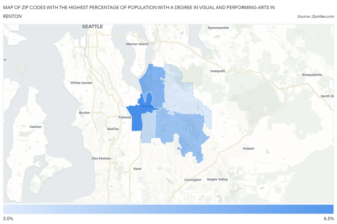 Zip Codes with the Highest Percentage of Population with a Degree in Visual and Performing Arts in Renton Map