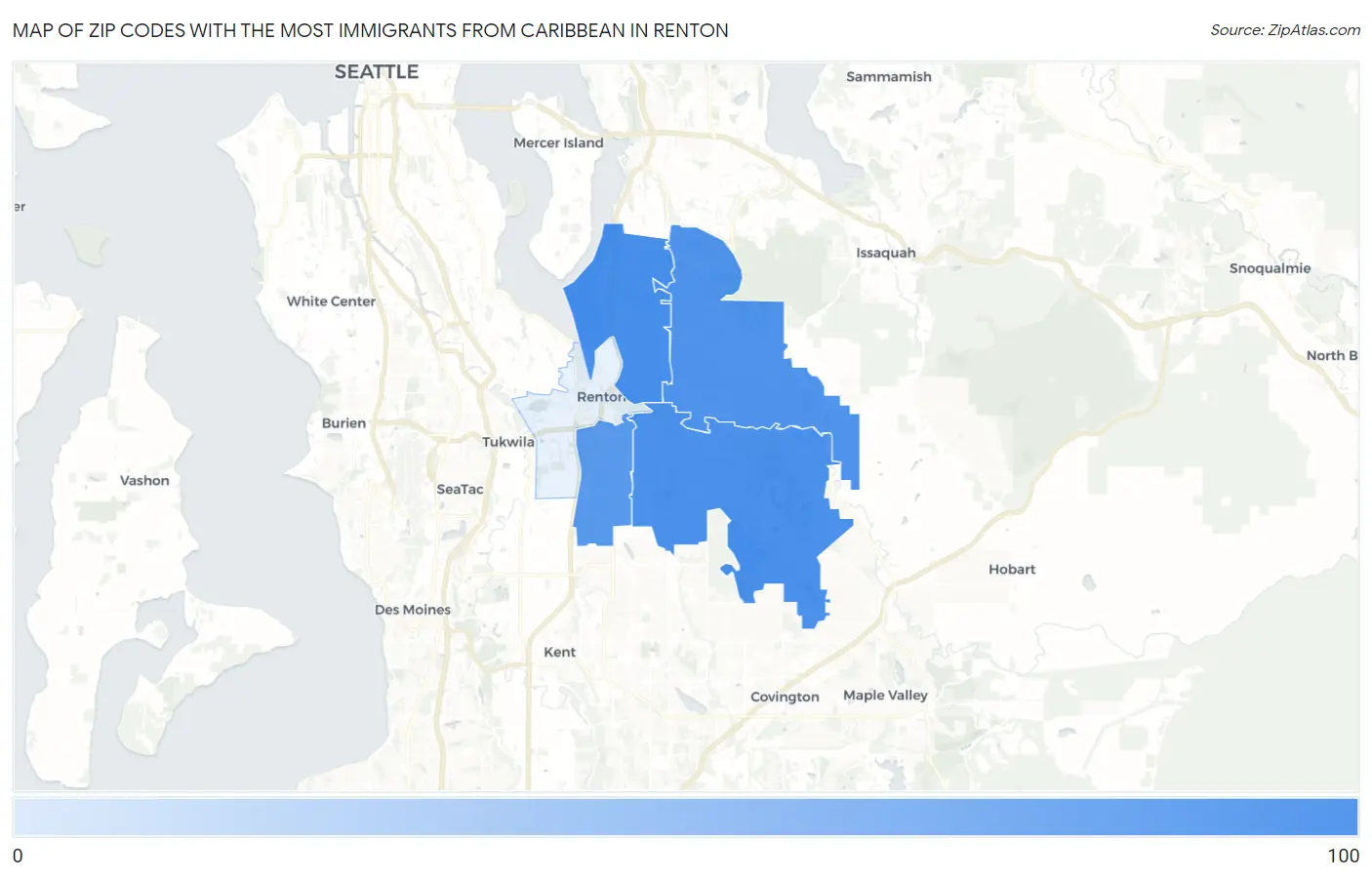 Zip Codes with the Most Immigrants from Caribbean in Renton Map