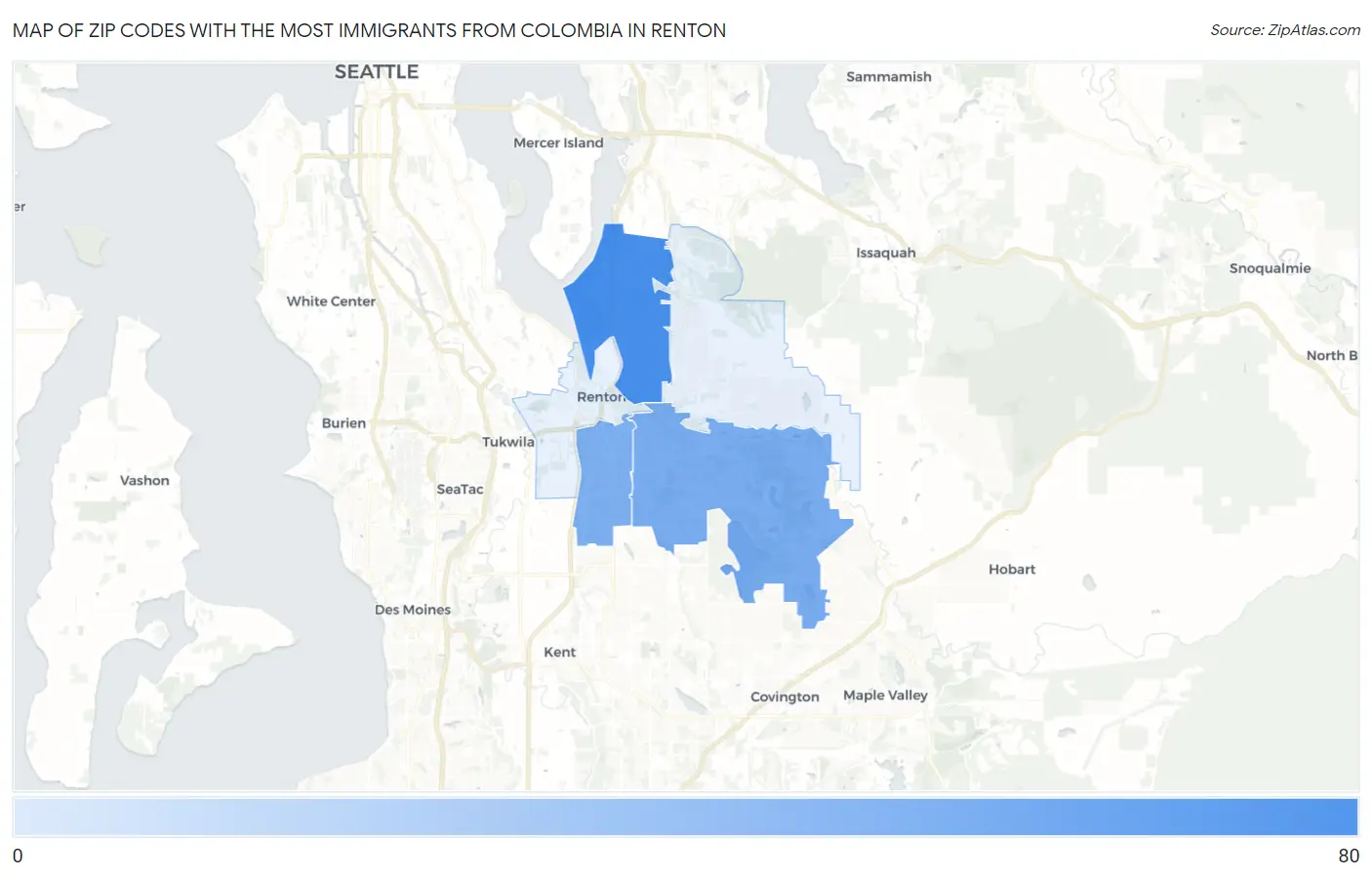 Zip Codes with the Most Immigrants from Colombia in Renton Map
