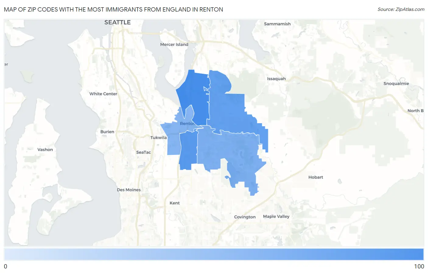 Zip Codes with the Most Immigrants from England in Renton Map