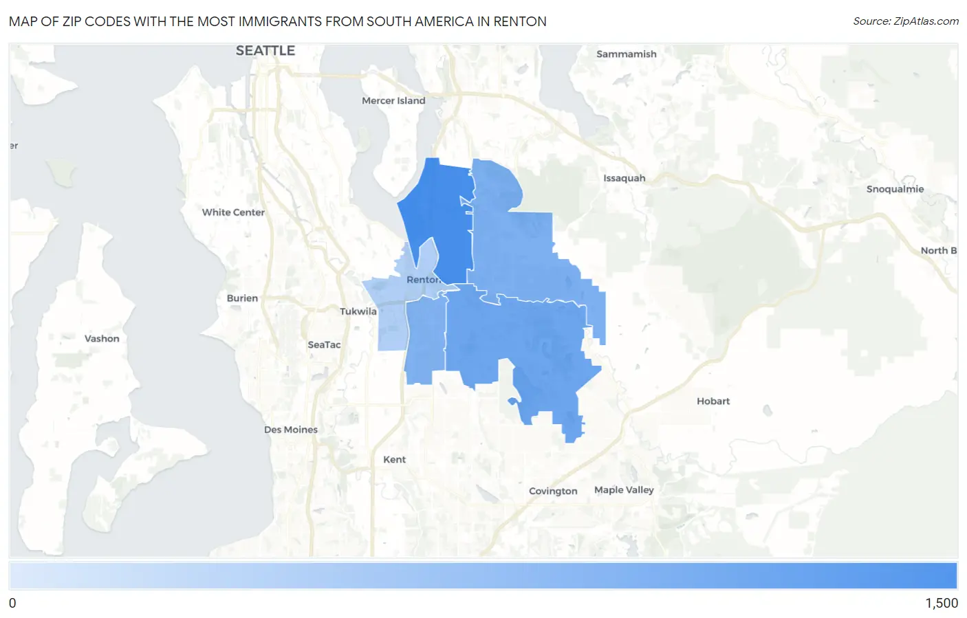 Zip Codes with the Most Immigrants from South America in Renton Map