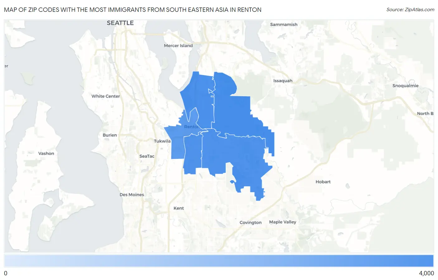 Zip Codes with the Most Immigrants from South Eastern Asia in Renton Map