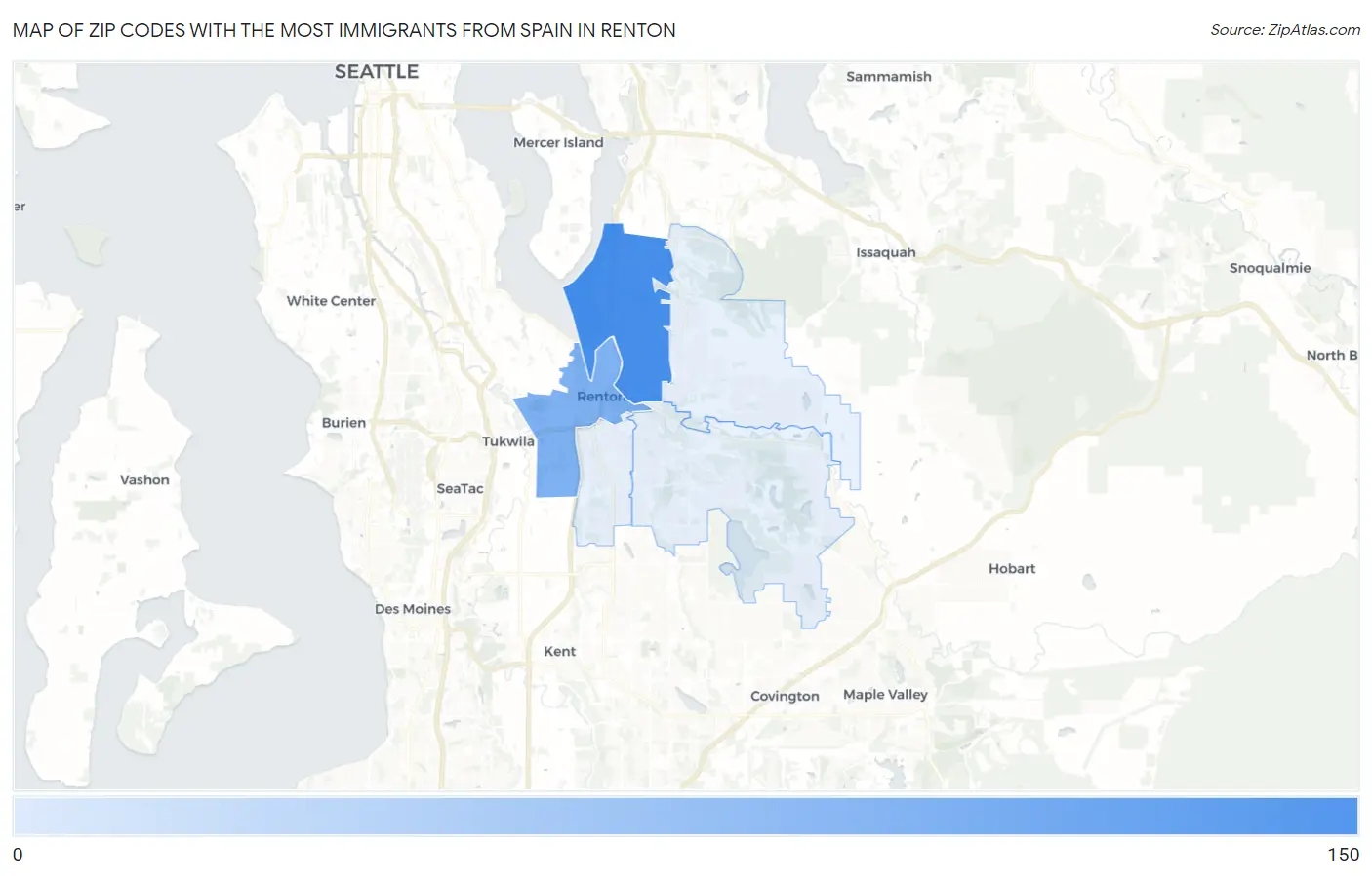 Zip Codes with the Most Immigrants from Spain in Renton Map