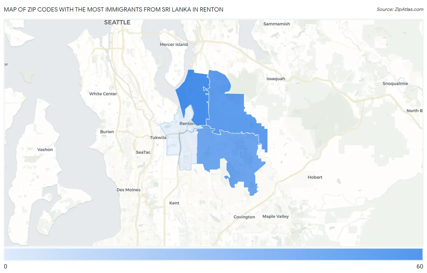 Zip Codes with the Most Immigrants from Sri Lanka in Renton Map