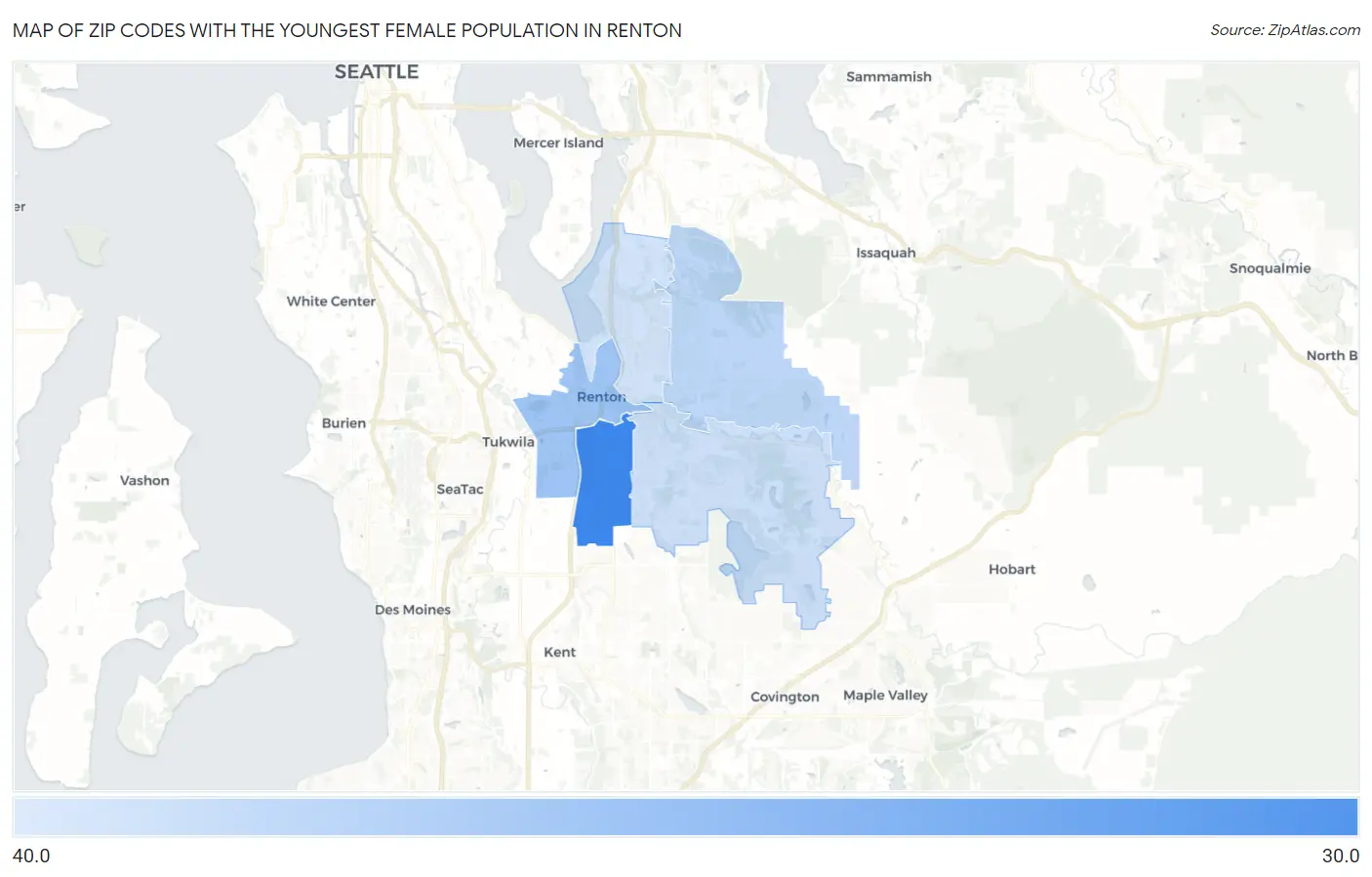 Zip Codes with the Youngest Female Population in Renton Map