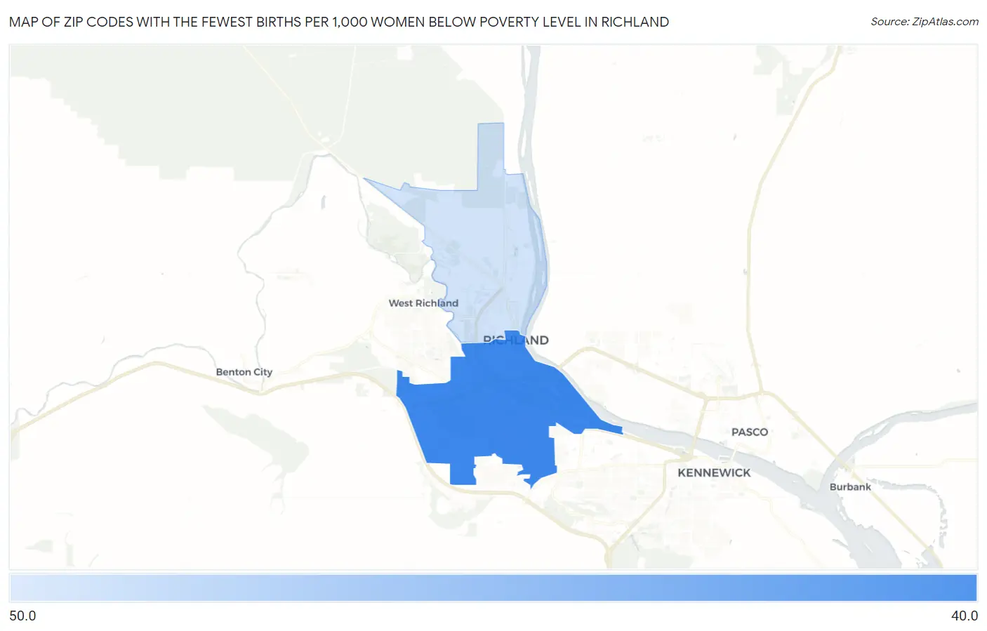 Zip Codes with the Fewest Births per 1,000 Women Below Poverty Level in Richland Map