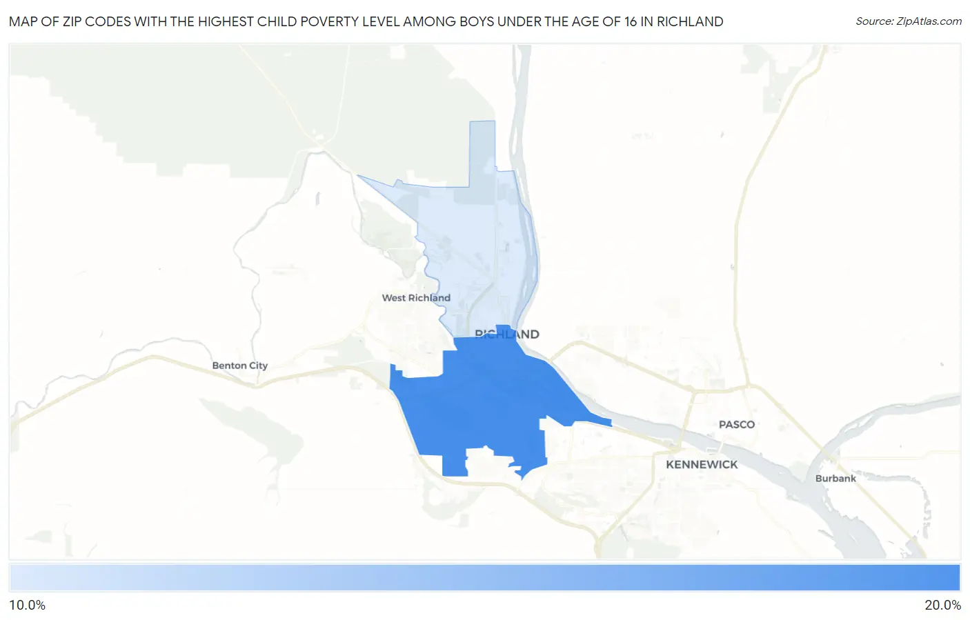 Zip Codes with the Highest Child Poverty Level Among Boys Under the Age of 16 in Richland Map