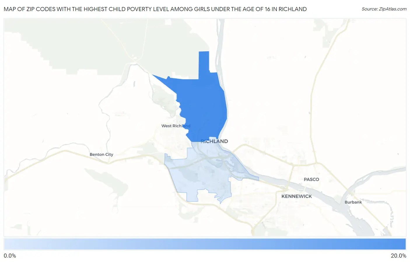 Zip Codes with the Highest Child Poverty Level Among Girls Under the Age of 16 in Richland Map