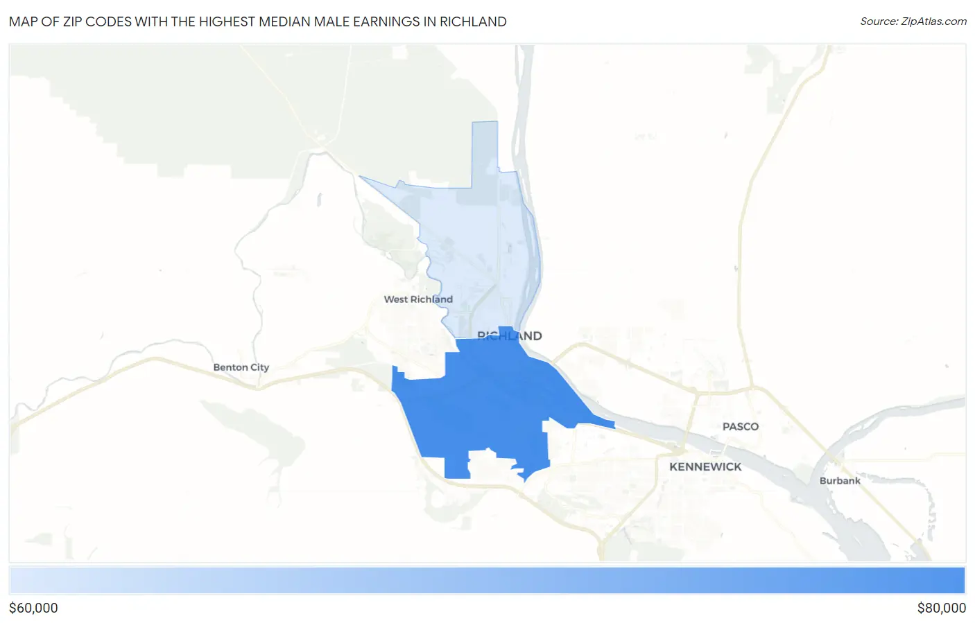 Zip Codes with the Highest Median Male Earnings in Richland Map