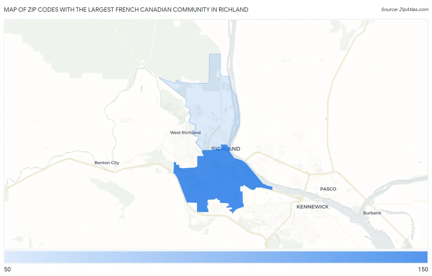 Zip Codes with the Largest French Canadian Community in Richland Map