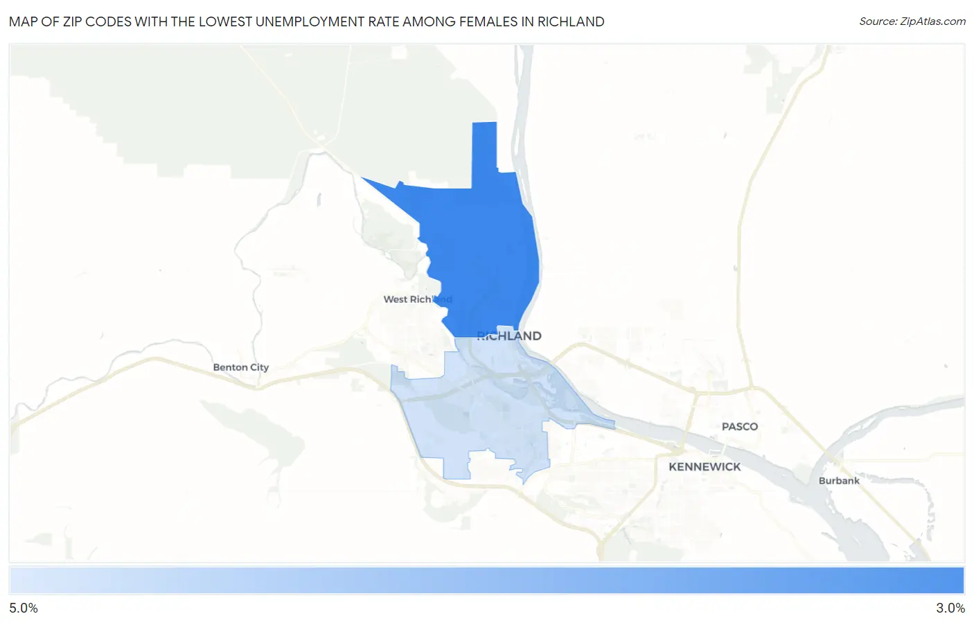 Zip Codes with the Lowest Unemployment Rate Among Females in Richland Map