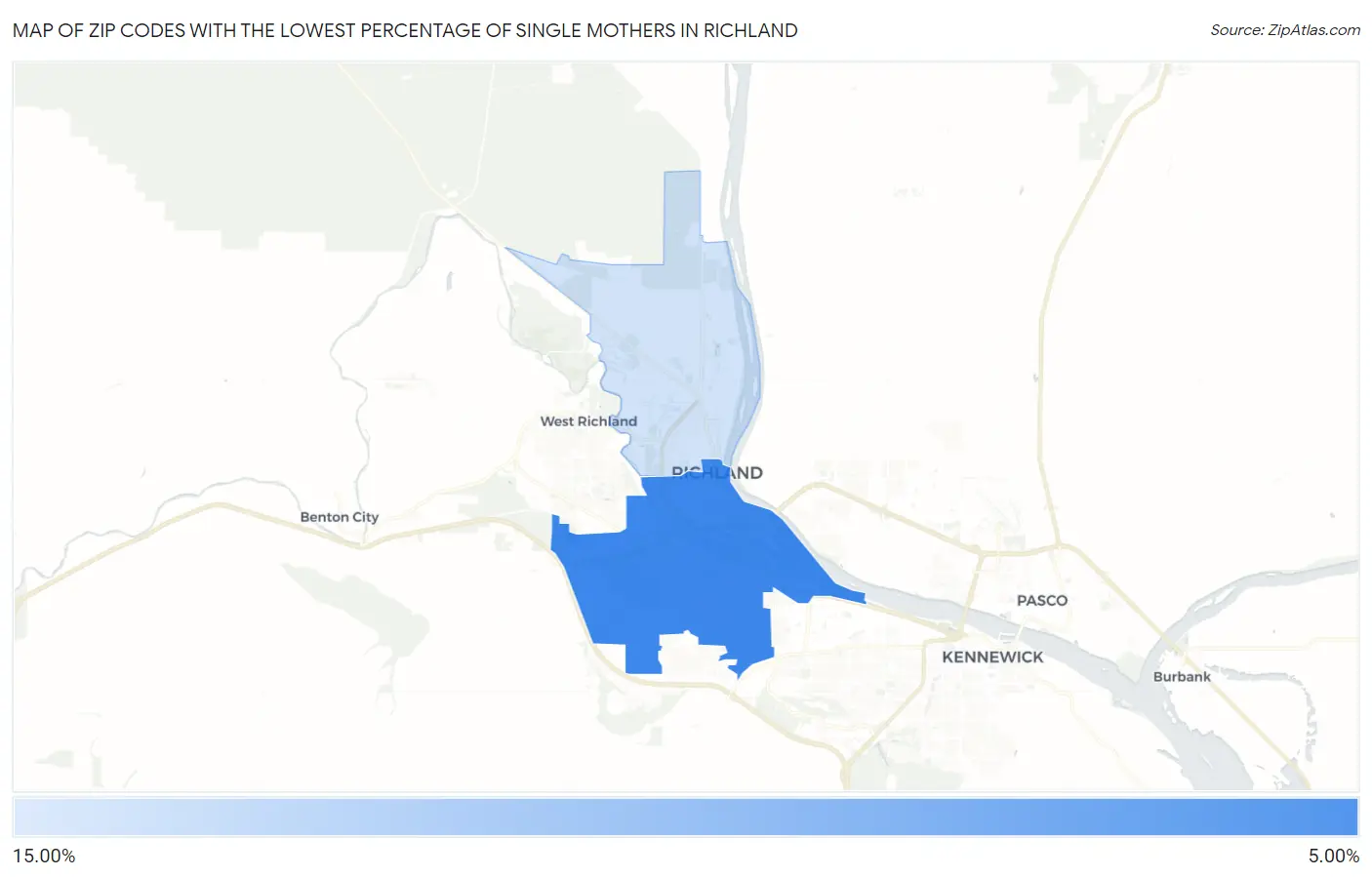 Zip Codes with the Lowest Percentage of Single Mothers in Richland Map