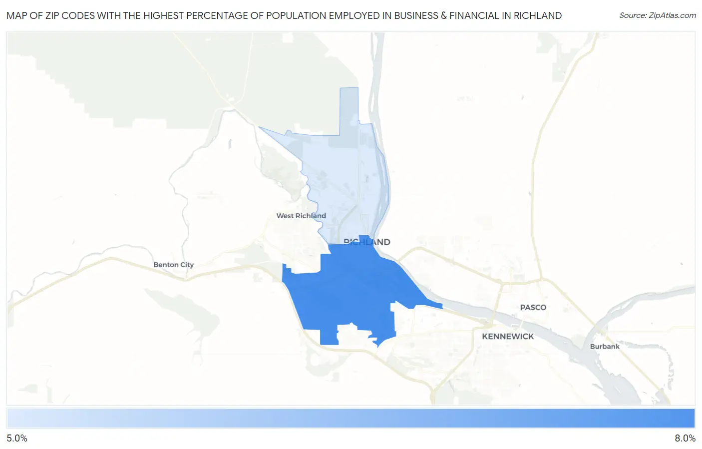 Zip Codes with the Highest Percentage of Population Employed in Business & Financial in Richland Map