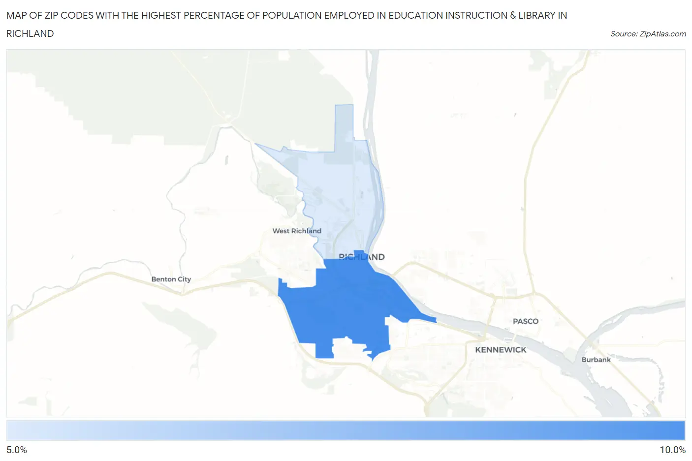 Zip Codes with the Highest Percentage of Population Employed in Education Instruction & Library in Richland Map