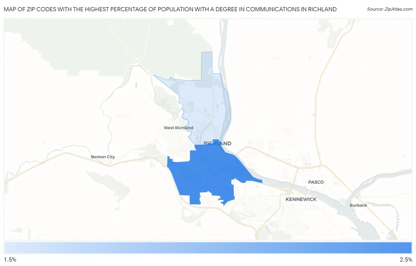 Zip Codes with the Highest Percentage of Population with a Degree in Communications in Richland Map