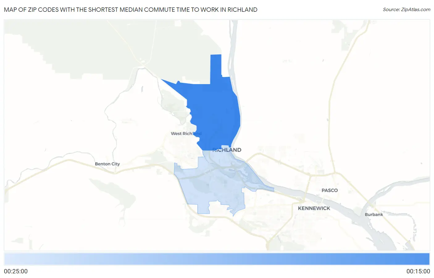 Zip Codes with the Shortest Median Commute Time to Work in Richland Map