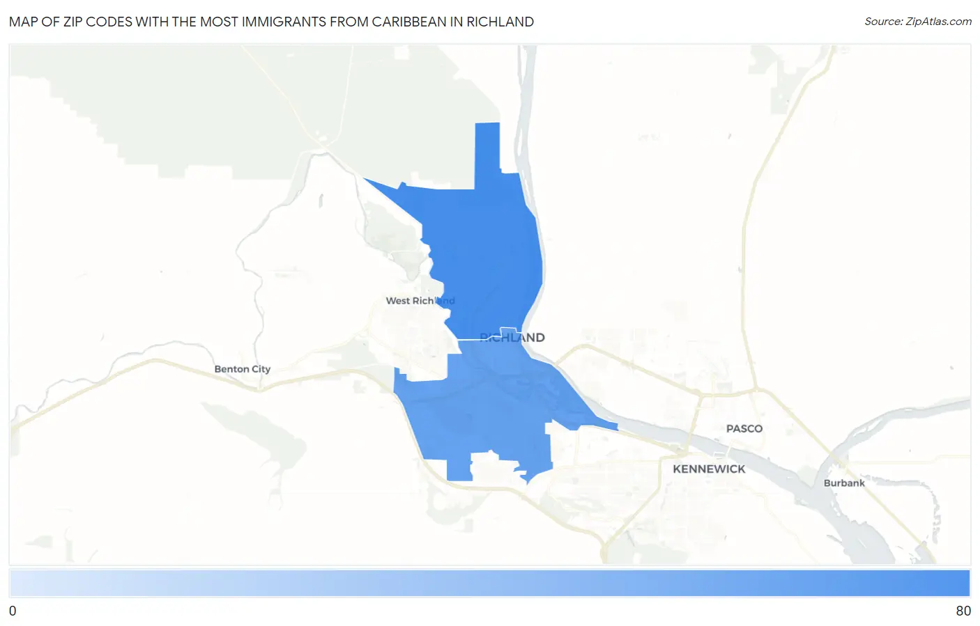 Zip Codes with the Most Immigrants from Caribbean in Richland Map