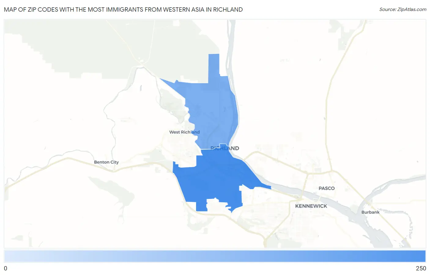 Zip Codes with the Most Immigrants from Western Asia in Richland Map