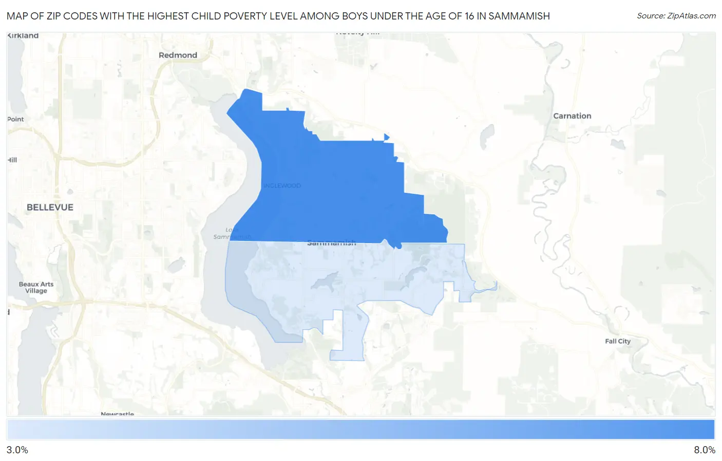 Zip Codes with the Highest Child Poverty Level Among Boys Under the Age of 16 in Sammamish Map
