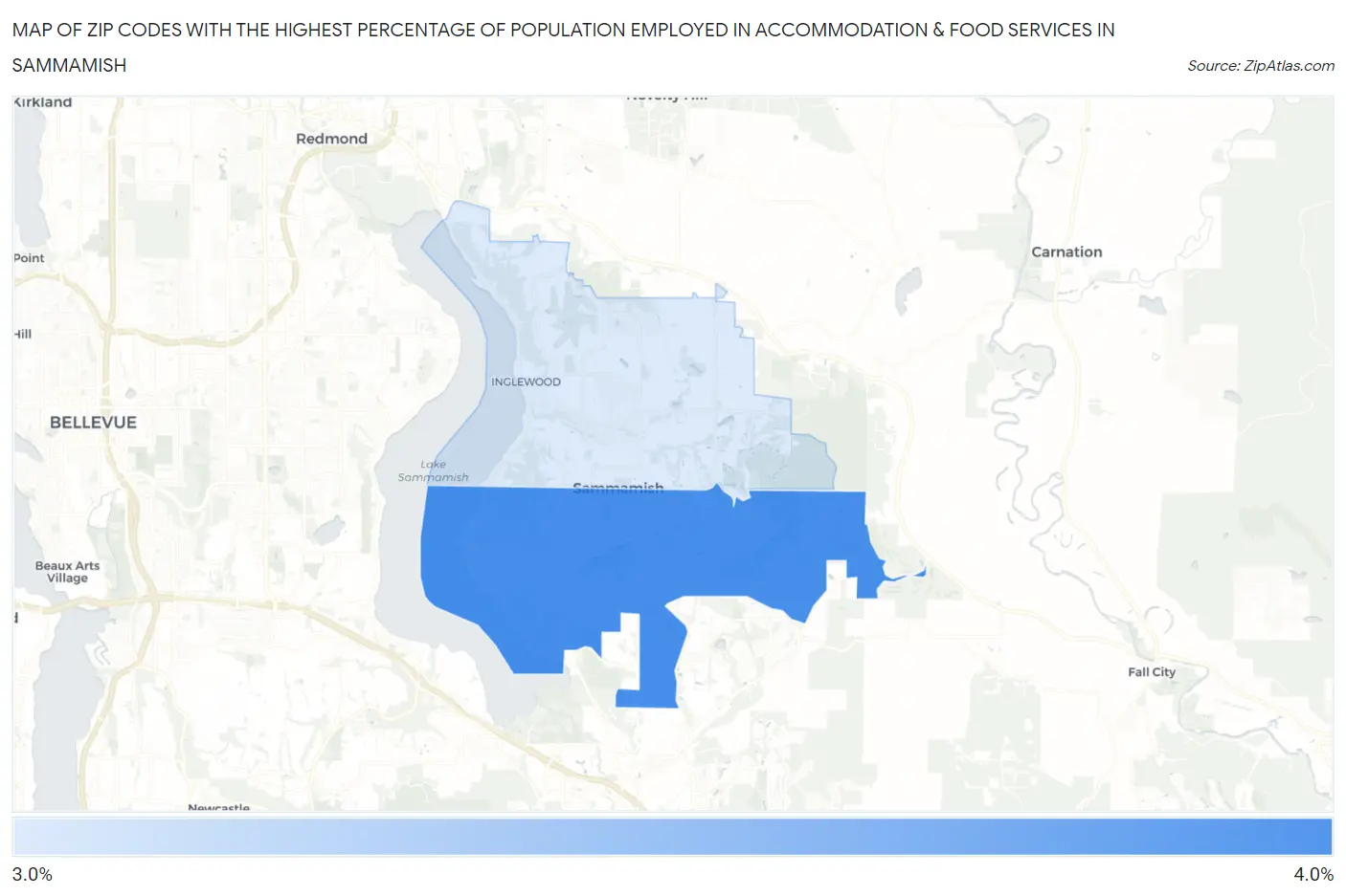 Zip Codes with the Highest Percentage of Population Employed in Accommodation & Food Services in Sammamish Map