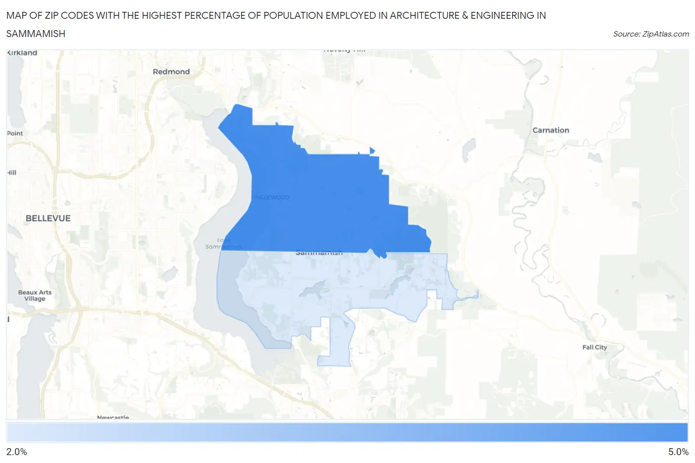 Zip Codes with the Highest Percentage of Population Employed in Architecture & Engineering in Sammamish Map