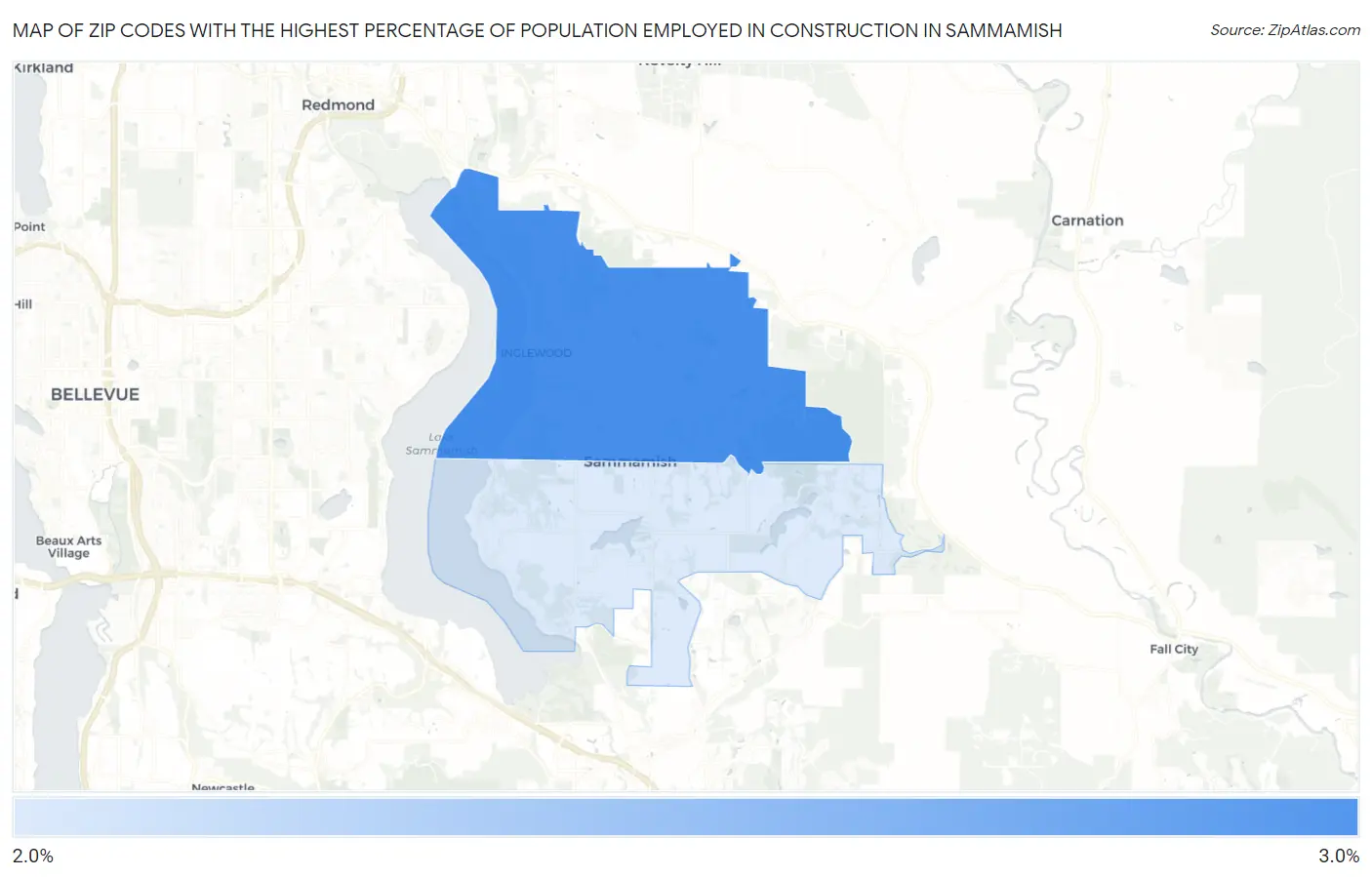 Zip Codes with the Highest Percentage of Population Employed in Construction in Sammamish Map