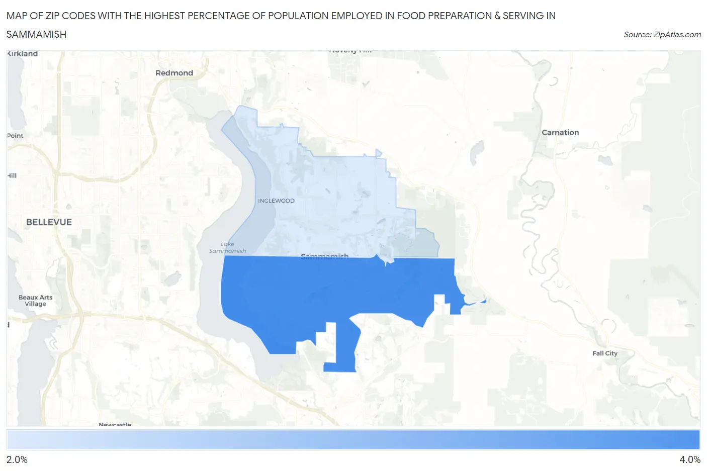 Zip Codes with the Highest Percentage of Population Employed in Food Preparation & Serving in Sammamish Map
