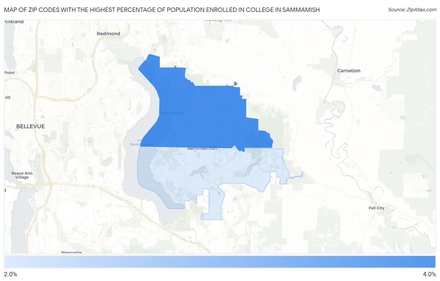 Zip Codes with the Highest Percentage of Population Enrolled in College in Sammamish Map