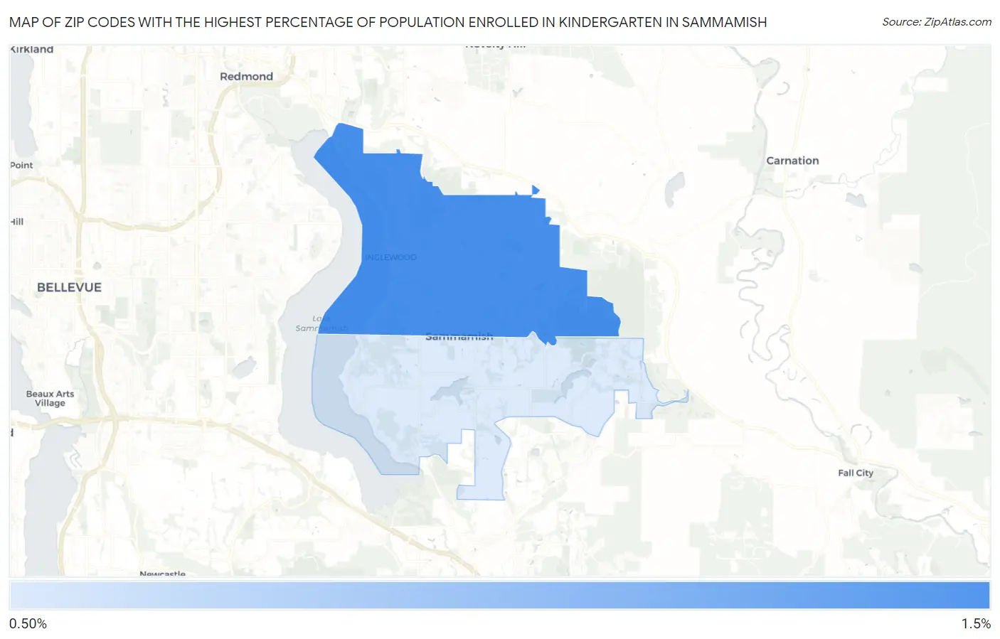 Zip Codes with the Highest Percentage of Population Enrolled in Kindergarten in Sammamish Map