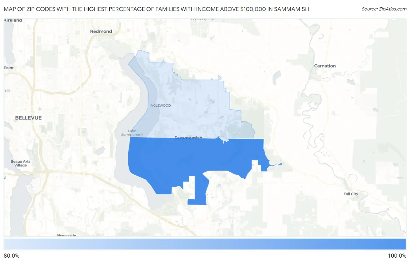 Zip Codes with the Highest Percentage of Families with Income Above $100,000 in Sammamish Map