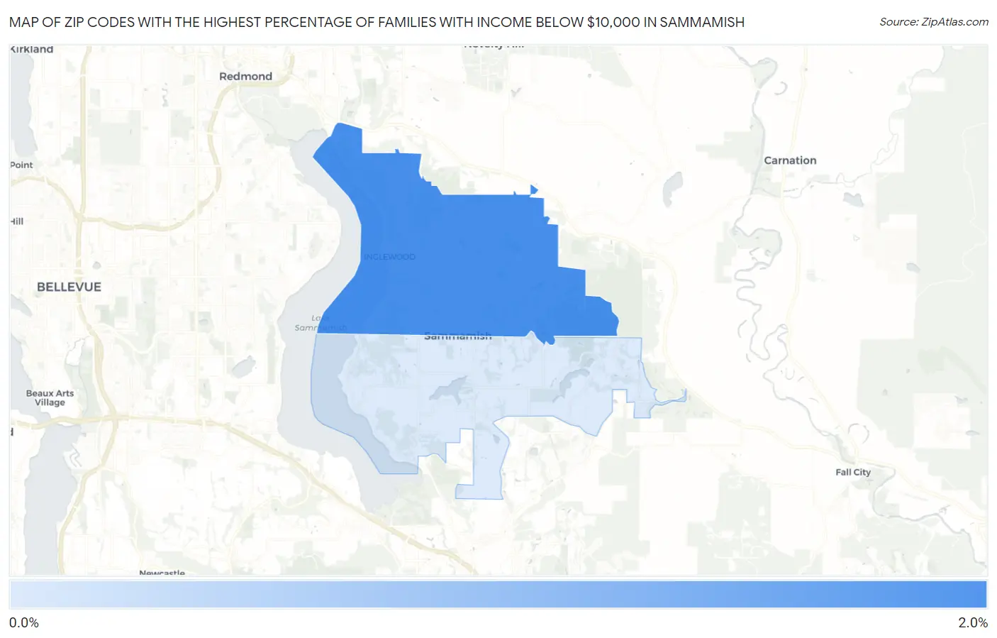 Zip Codes with the Highest Percentage of Families with Income Below $10,000 in Sammamish Map
