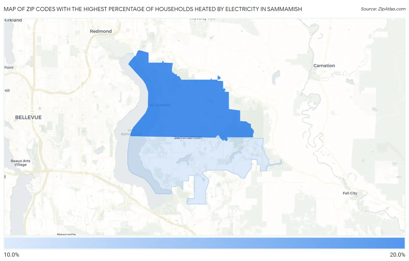 Zip Codes with the Highest Percentage of Households Heated by Electricity in Sammamish Map