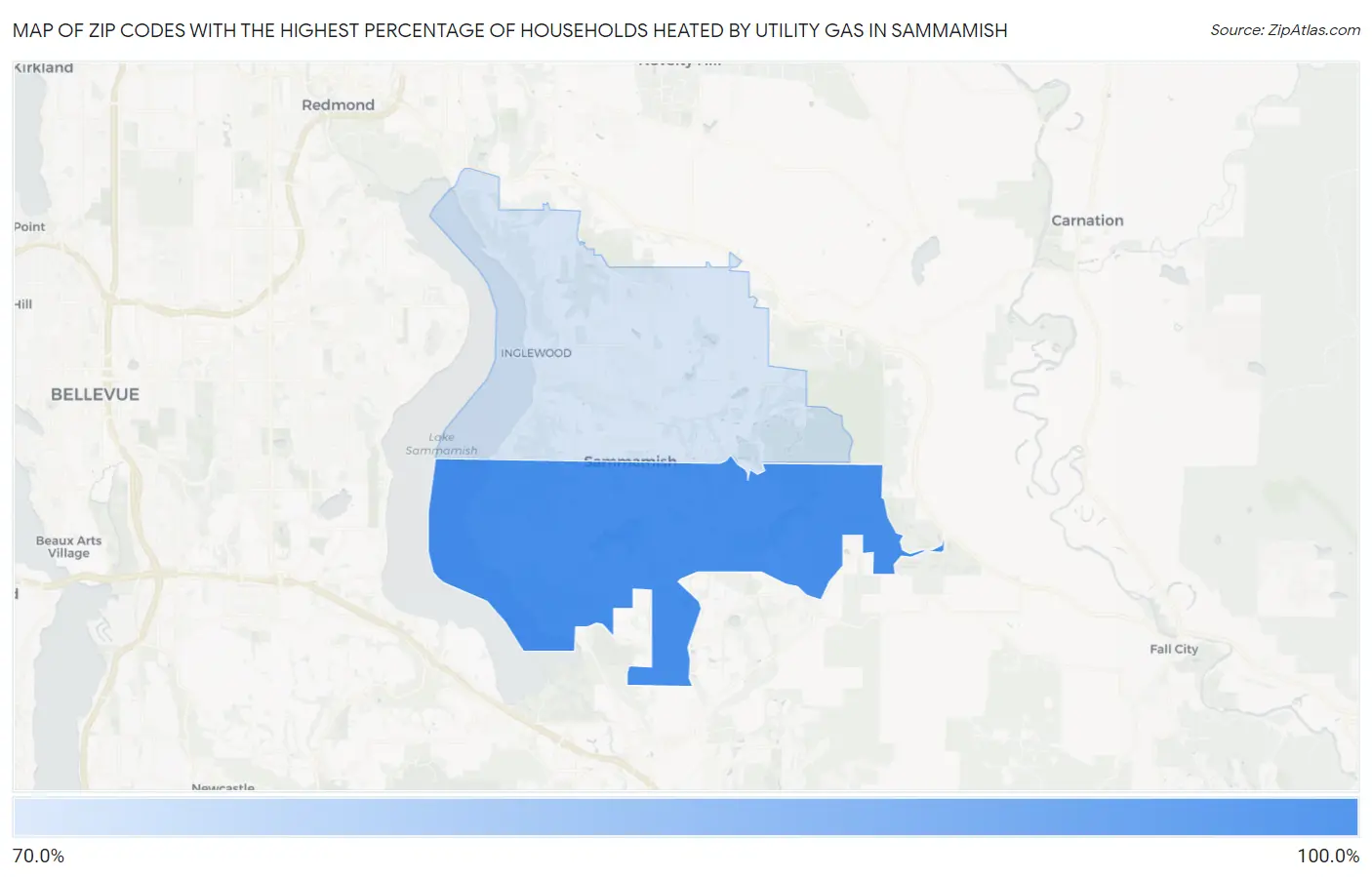 Zip Codes with the Highest Percentage of Households Heated by Utility Gas in Sammamish Map