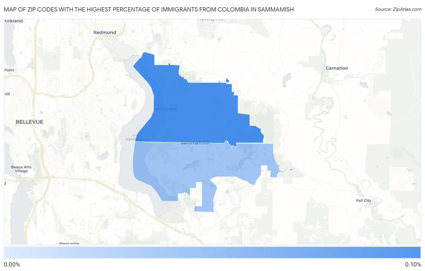 Zip Codes with the Highest Percentage of Immigrants from Colombia in Sammamish Map