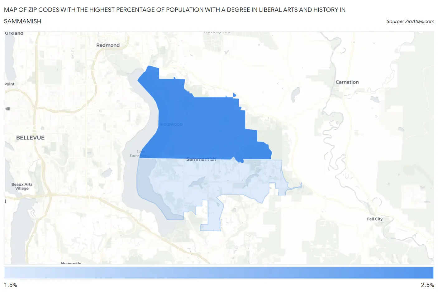 Zip Codes with the Highest Percentage of Population with a Degree in Liberal Arts and History in Sammamish Map
