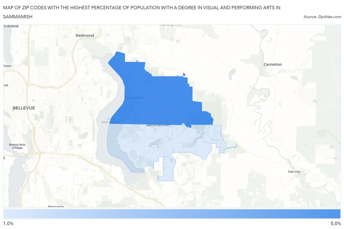 Zip Codes with the Highest Percentage of Population with a Degree in Visual and Performing Arts in Sammamish Map