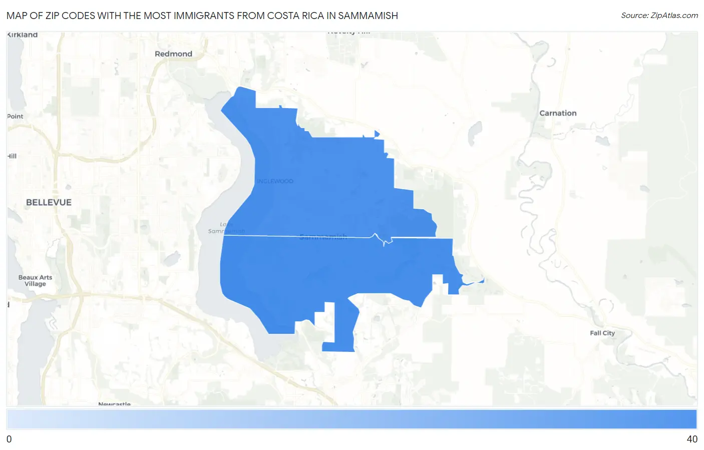 Zip Codes with the Most Immigrants from Costa Rica in Sammamish Map