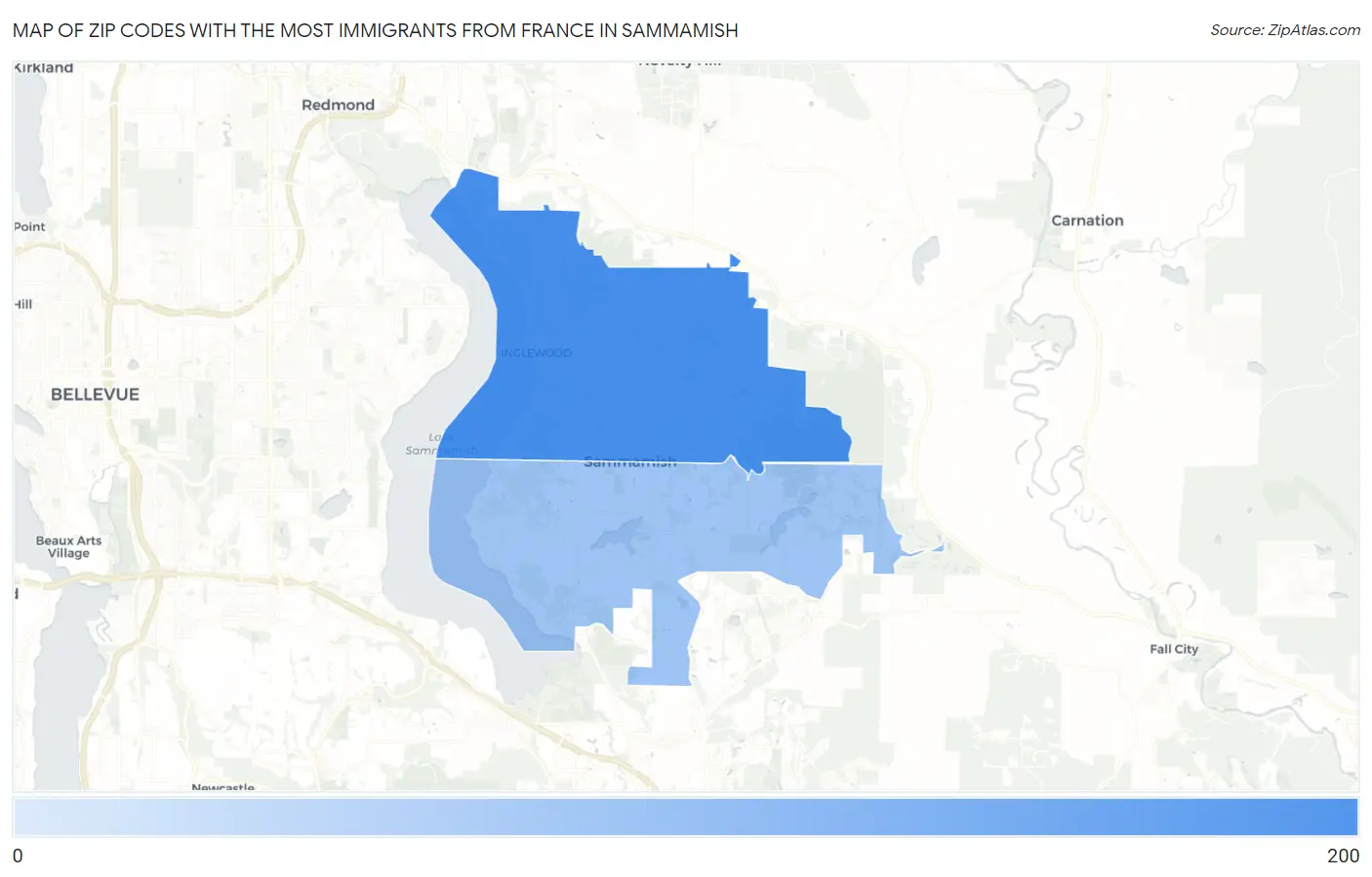 Zip Codes with the Most Immigrants from France in Sammamish Map