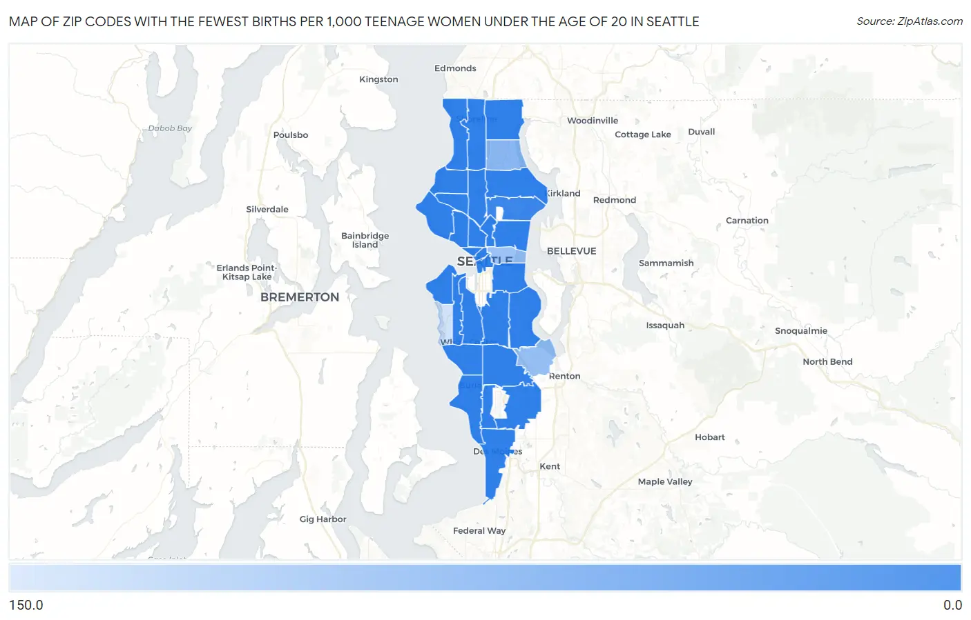 Zip Codes with the Fewest Births per 1,000 Teenage Women Under the Age of 20 in Seattle Map