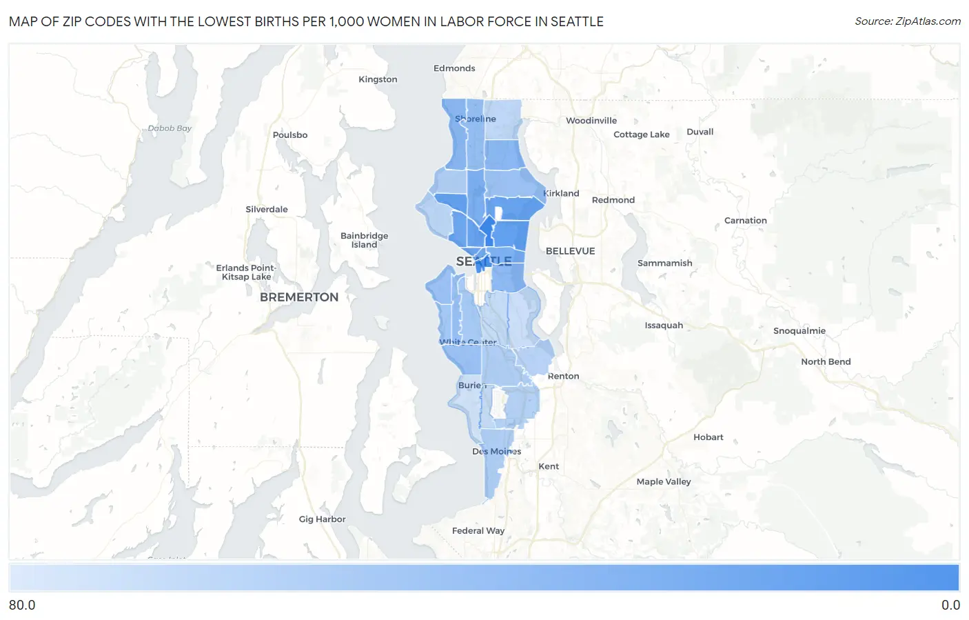 Zip Codes with the Lowest Births per 1,000 Women in Labor Force in Seattle Map