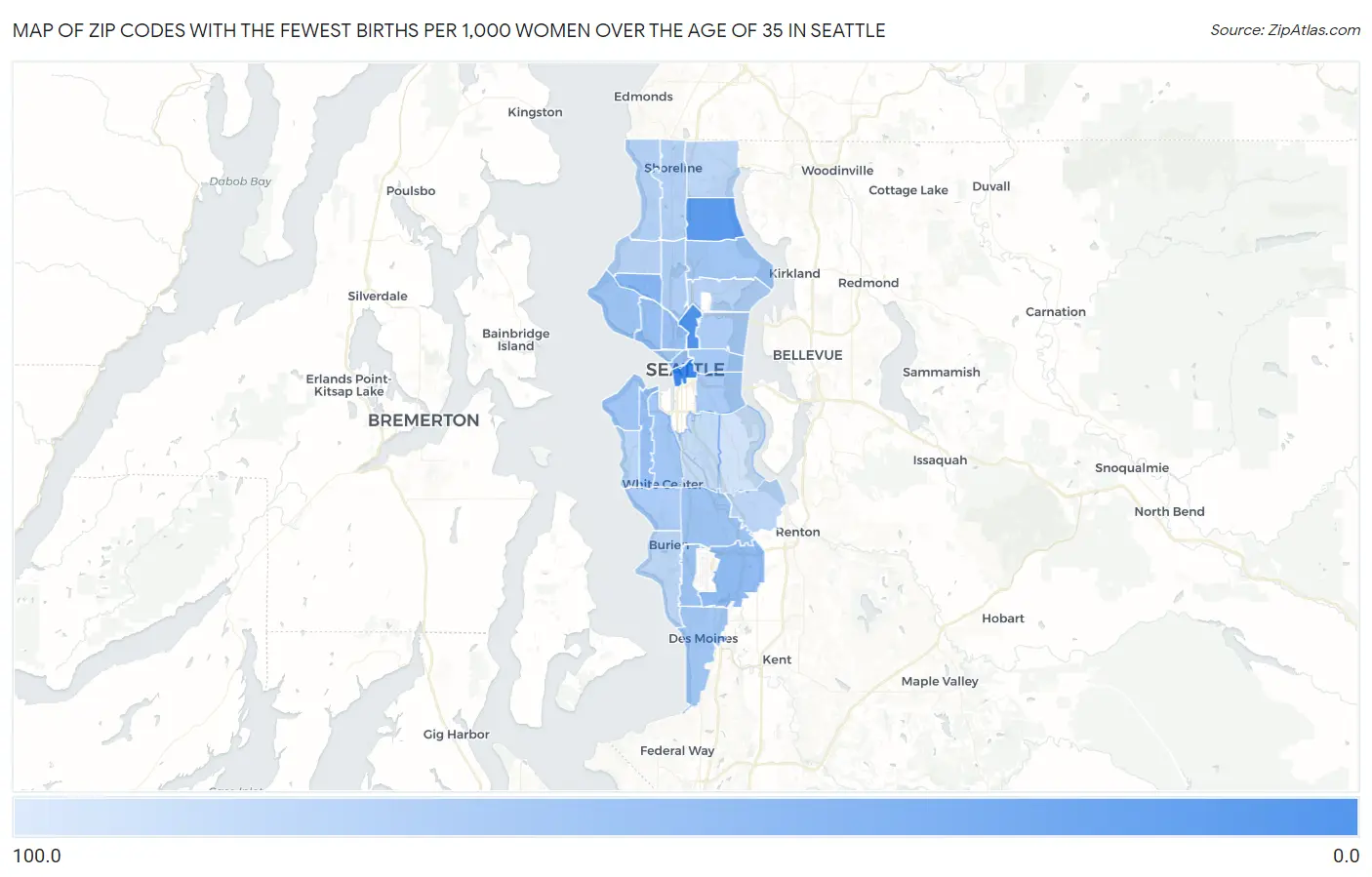 Zip Codes with the Fewest Births per 1,000 Women Over the Age of 35 in Seattle Map
