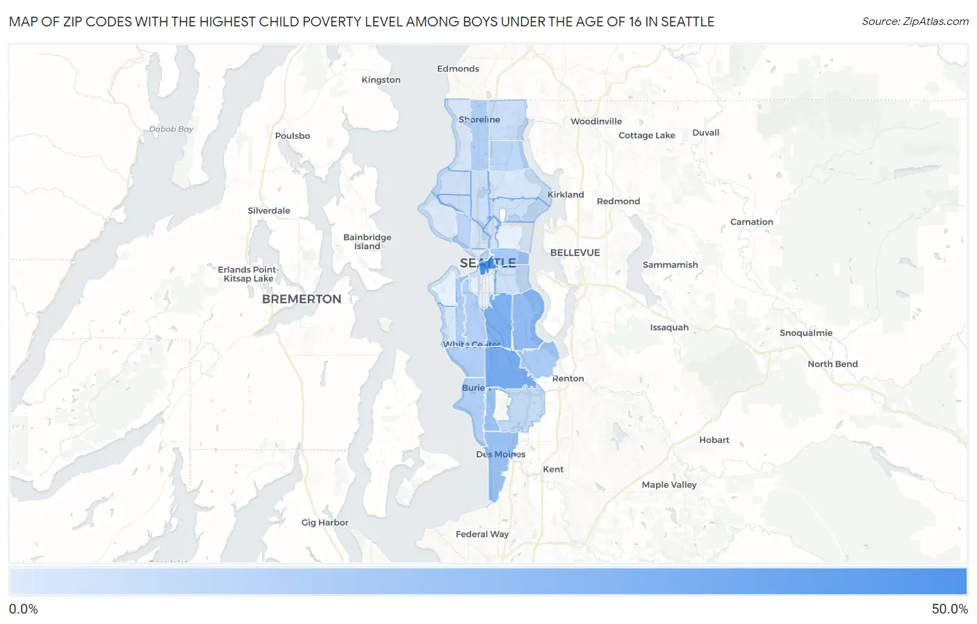Zip Codes with the Highest Child Poverty Level Among Boys Under the Age of 16 in Seattle Map