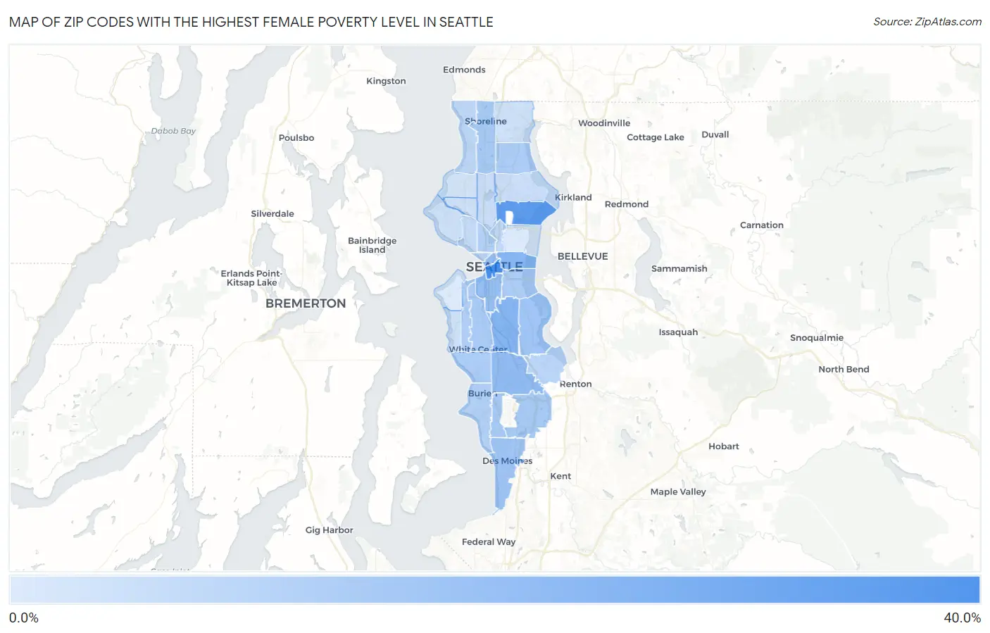 Zip Codes with the Highest Female Poverty Level in Seattle Map