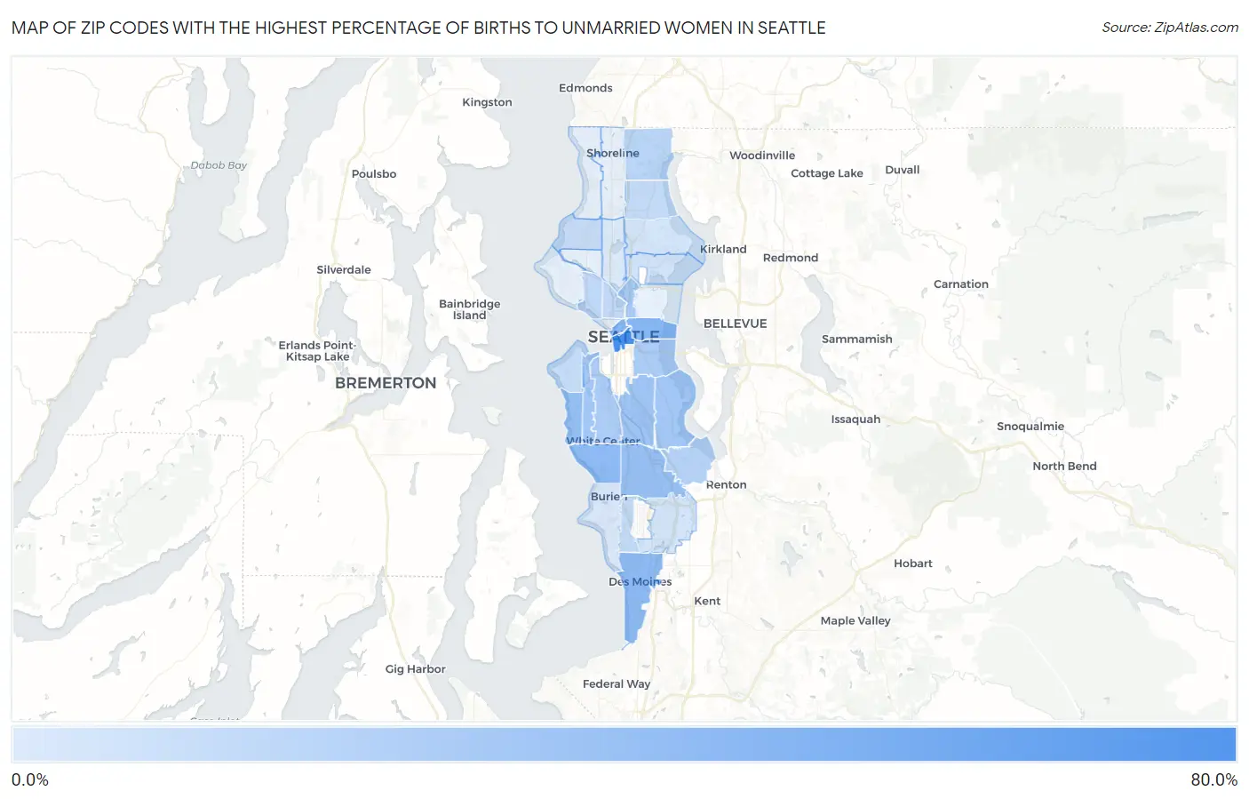Zip Codes with the Highest Percentage of Births to Unmarried Women in Seattle Map