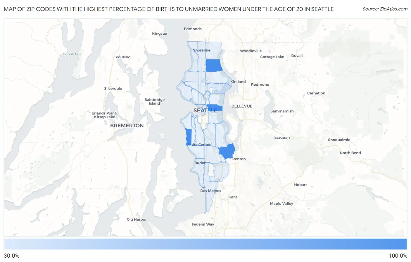 Zip Codes with the Highest Percentage of Births to Unmarried Women under the Age of 20 in Seattle Map