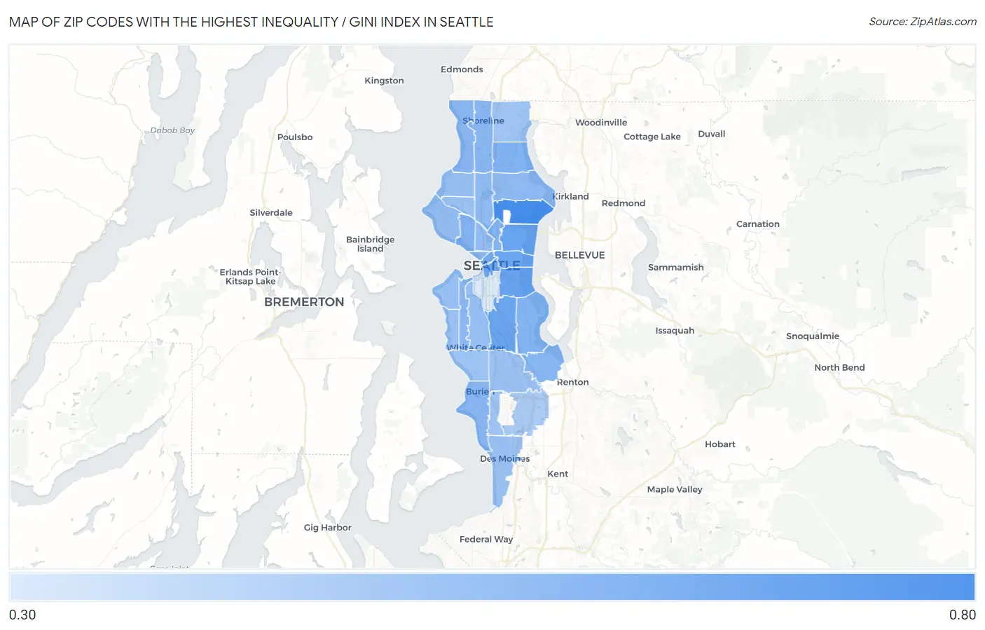 Zip Codes with the Highest Inequality / Gini Index in Seattle Map