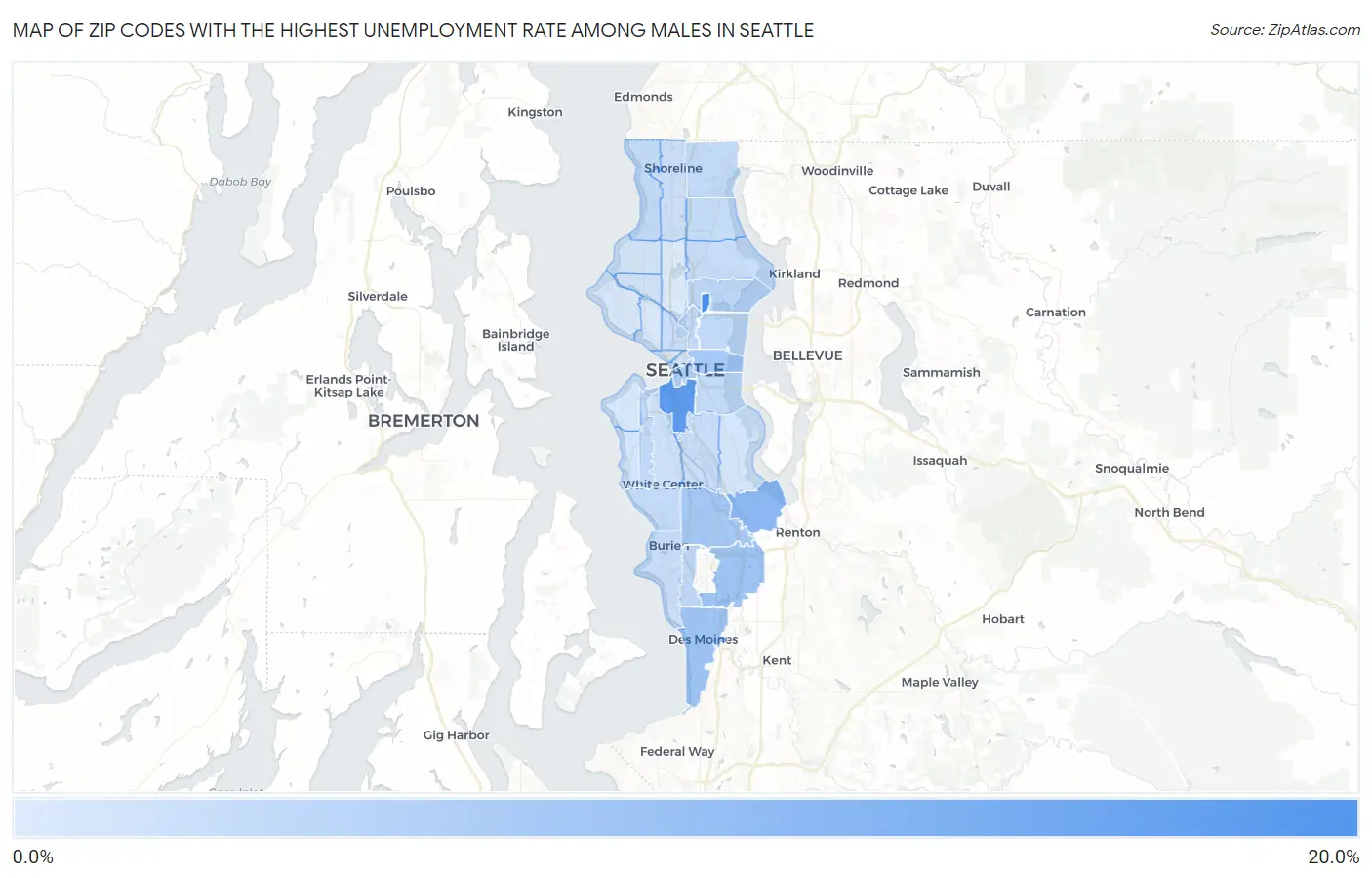 Zip Codes with the Highest Unemployment Rate Among Males in Seattle Map