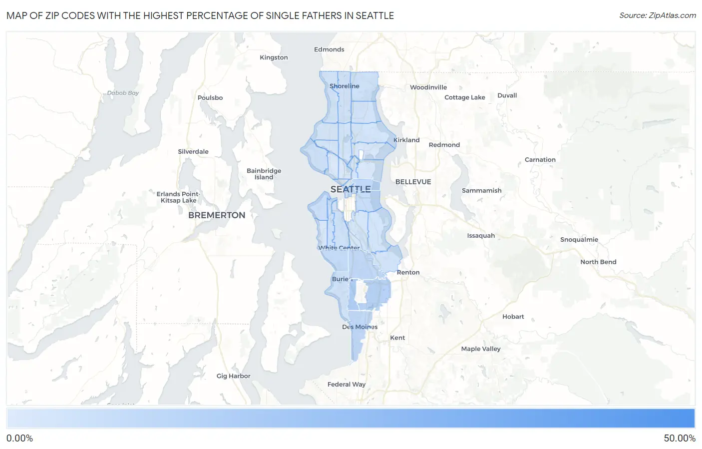 Zip Codes with the Highest Percentage of Single Fathers in Seattle Map